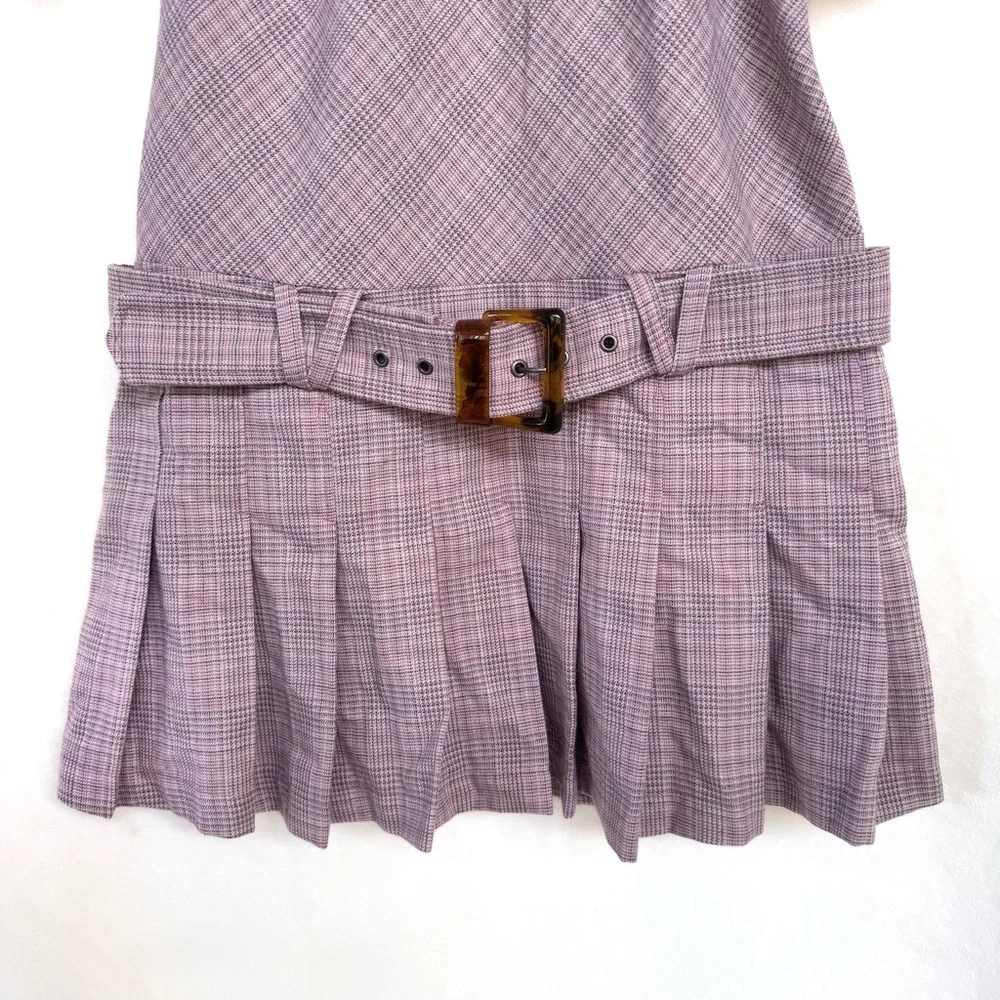 NWOT Free People Sevi Belted Plaid Pleated Mini Dress in Gray & Pink Combo